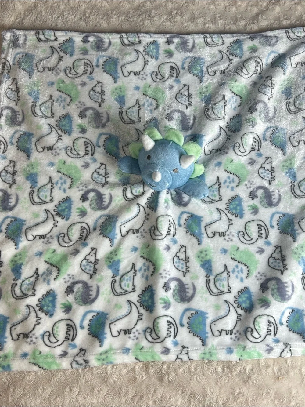Baby Kiss Dinosaur Lovey Security Blanket Blue White Green Large Oversized Gray